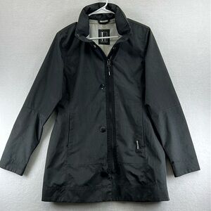 Mondetta Raincoat Women’s Sz Small Gray / Black
Snap/Zip Hood Rolls in Collar